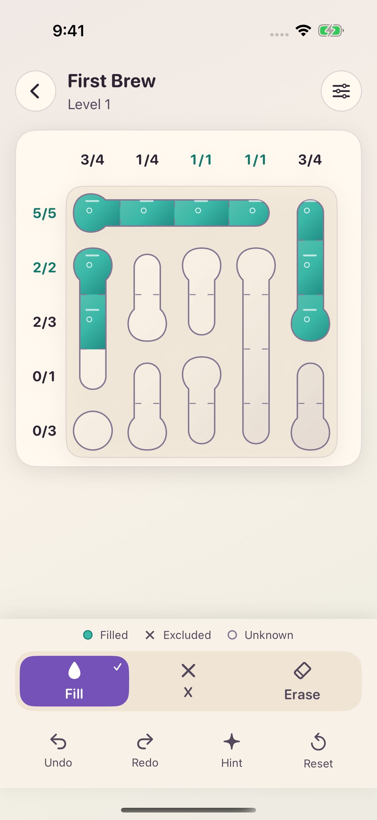 Actual Potion Lab puzzle screen showing glass tubes and row and column clues